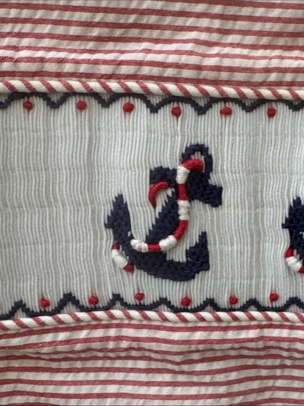 Little English Light Red Seersucker Smocked Shortall - Anchors